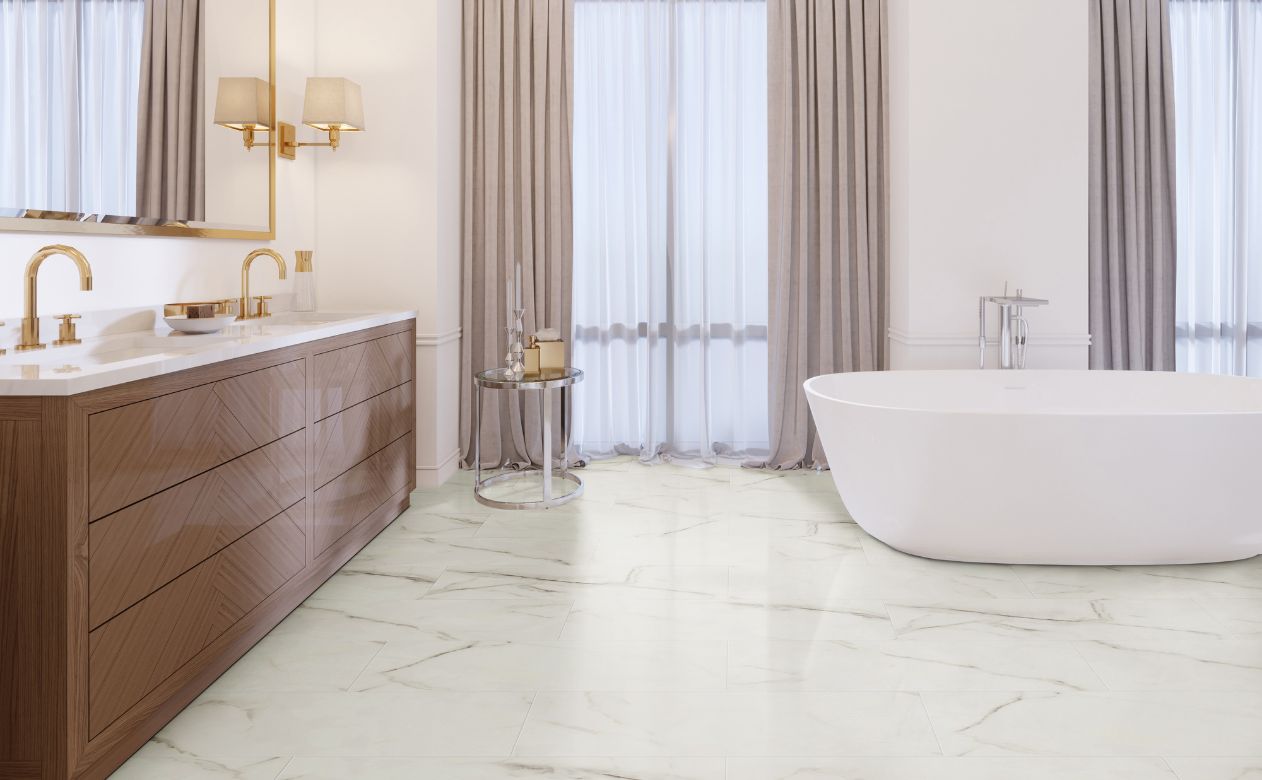stone look luxury vinyl floors in bathroom with soaker tub