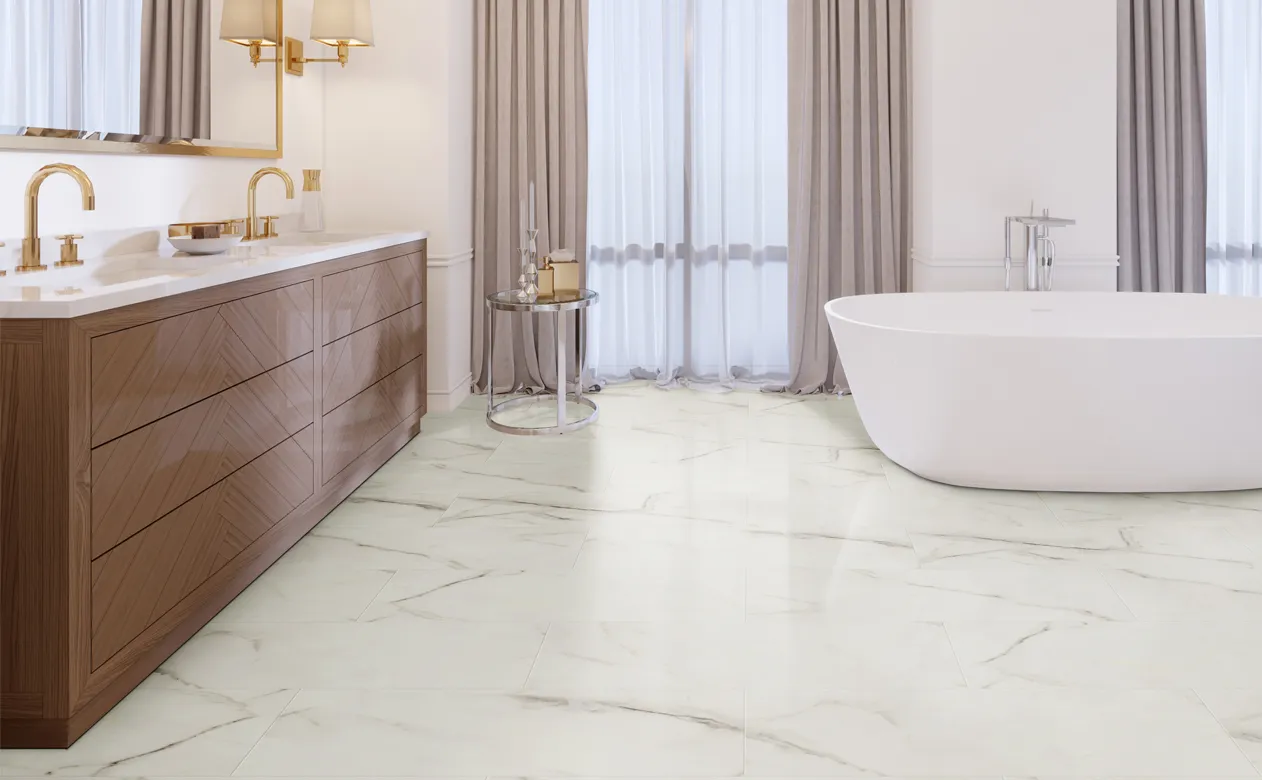 stone look luxury vinyl floors in bathroom with soaker tub