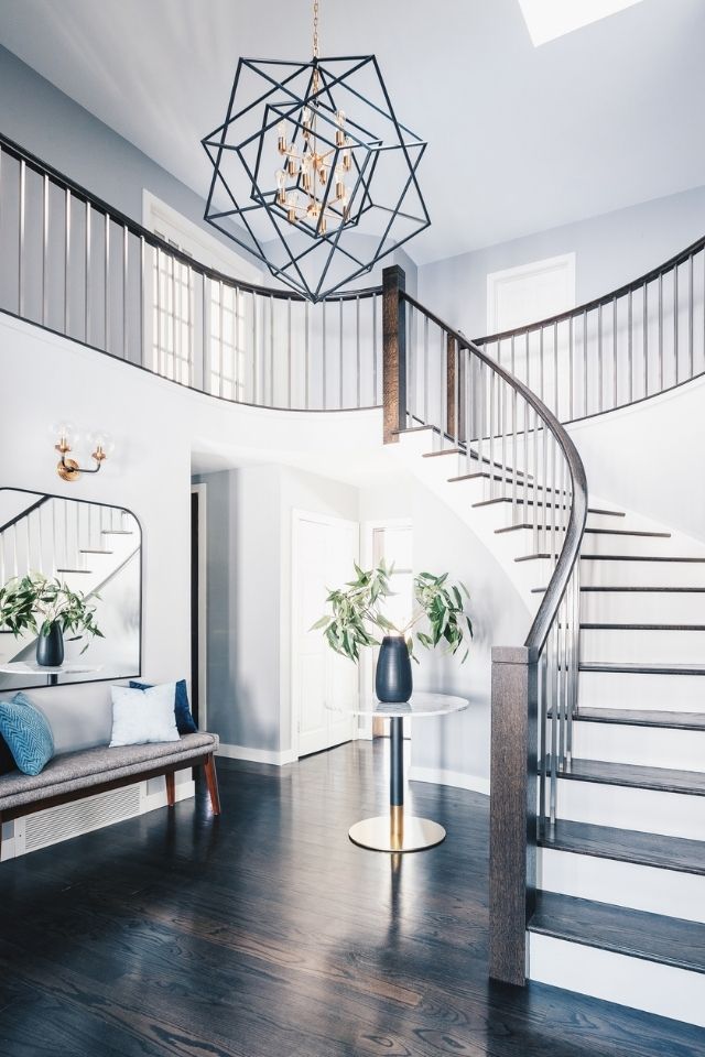 Entryway in large home with grand entrance and dark floors 